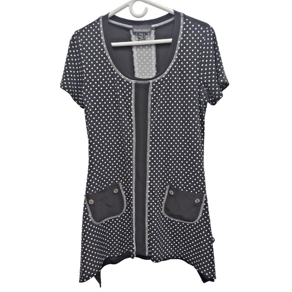 Frank Lyman Wearable‎ Art Lagenlook Tunic Top Sz 10 Black White Polka Dot Casual